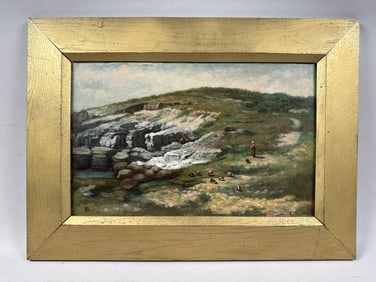 CONTINENTAL SCHOOL (19th Century,), A woman and her flock on a coastal path., Oil on board, 9.5" x