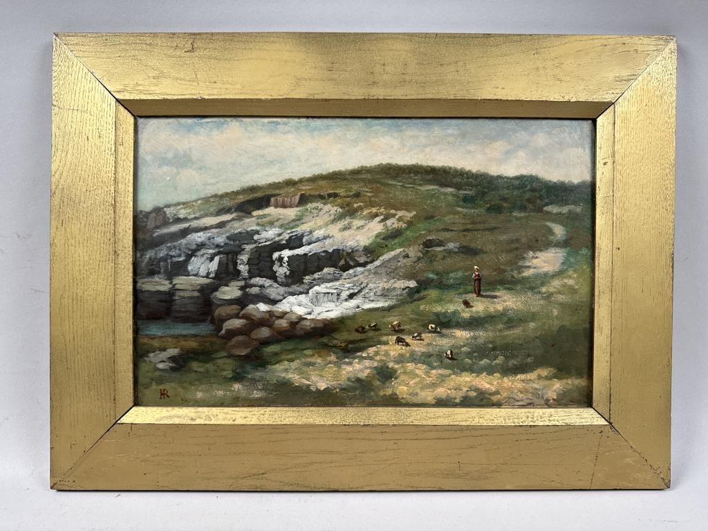 CONTINENTAL SCHOOL (19th Century,), A woman and her flock on a coastal path., Oil on board, 9.5" x: CONTINENTAL SCHOOL19th CenturyA woman and her flock on a coastal path. Signed lower left "HR".Oil on board, 9.5" x 14.5" sight. Framed 14.5" x 20".
