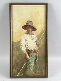 AUDLUCIO MARCUCCI (Italy, 20th Century), A boy in a hat., Watercolor, 17.75" x 8.5" sight. Framed