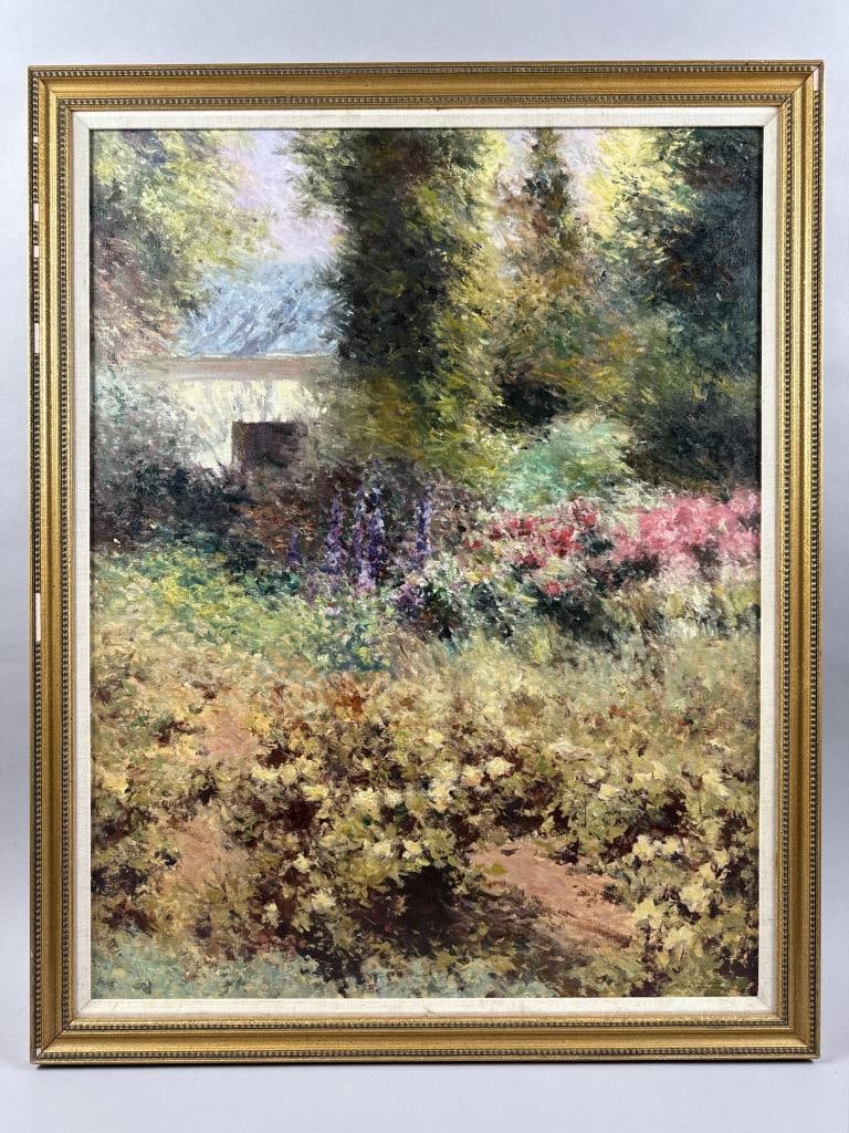 IMPRESSIONIST SCHOOL (20th Century,), Landscape with flowering shrubs and outbuilding., Oil on (1 of 2)