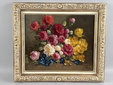 CONTINENTAL SCHOOL (Early 20th Century,), Still life of flowers., Oil on panel, 15" x 18". Framed