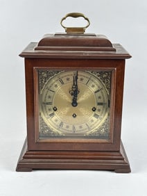 MANTEL CLOCK WITH BRASS FACE 20th Century Height 14.5?. Width 10.75?. Depth 7.25?.