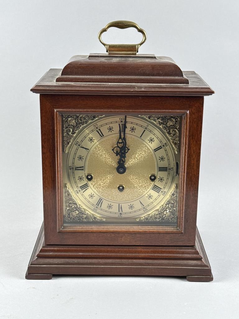 MANTEL CLOCK WITH BRASS FACE 20th Century Height 14.5?. Width 10.75?. Depth 7.25?. (1 of 3)