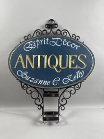 DOUBLE-SIDED CARVED AND PAINTED WOODEN ANTIQUE SHOP SIGN Late 20th Century