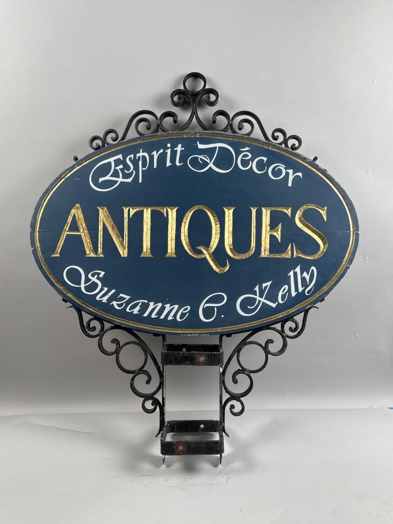 DOUBLE-SIDED CARVED AND PAINTED WOODEN ANTIQUE SHOP SIGN Late 20th Century (1 of 3)