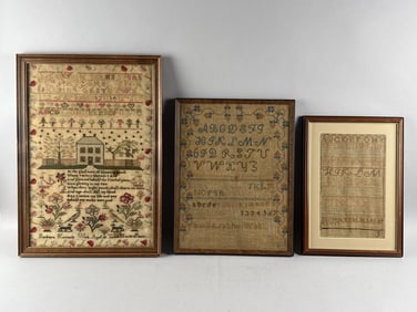 THREE NEEDLEWORK SAMPLERS 18th/19th Century Framed from 16" x 11" to 22" x 16".