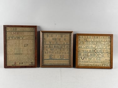 THREE NEEDLEWORK SAMPLERS 18th/19th Century Framed from 10" x 9" to 12" x 9".