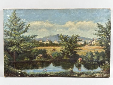AMERICAN SCHOOL (Early 20th Century,), Landscape with pond, fields and distant houses., Oil on