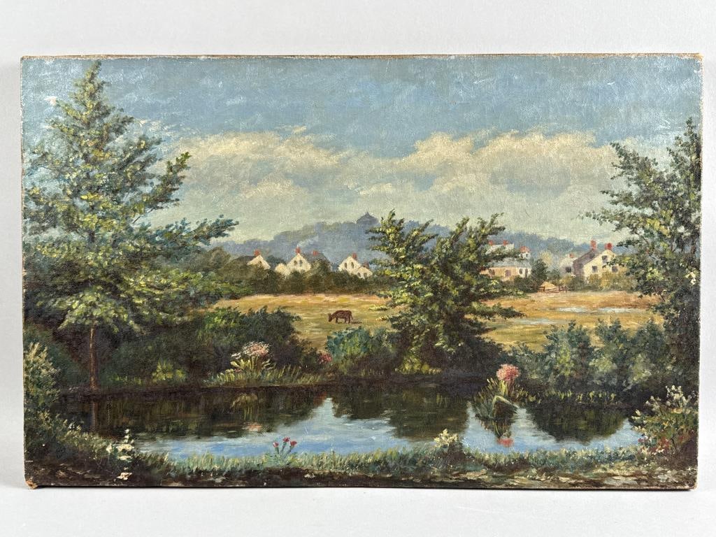 AMERICAN SCHOOL (Early 20th Century,), Landscape with pond, fields and distant houses., Oil on (1 of 2)