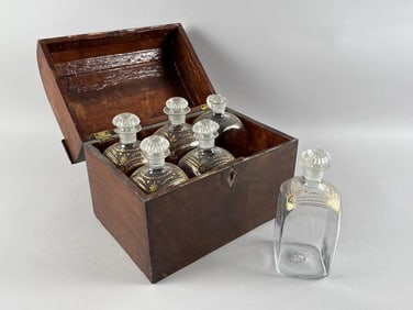 CASED LIQUOR SET 19th Century Case height 9.5". Width 11.75". Depth 8".