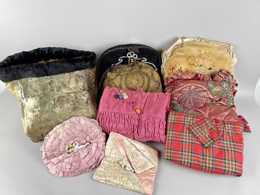 EIGHT TEA KETTLE COZIES AND A CARRIAGE FOOTWARMER 19th/20th Century From 7" x 8" to 13.5" x 15.5".