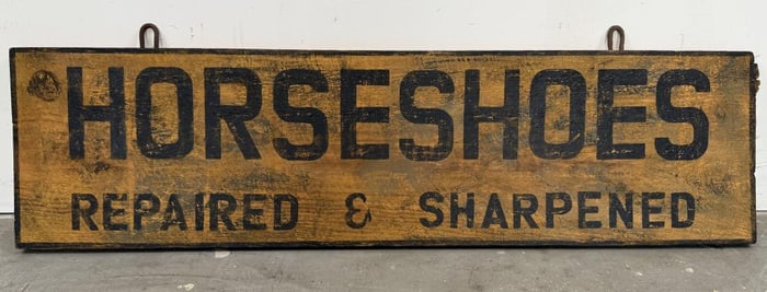 PAINTED WOODEN SIGN "HORSESHOES REPAIRED & SHARPENED" Contemporary 11" x 41".