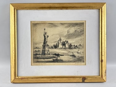 NAT LOWELL (New York, 1880-1956), "New York Harbor"., Etching on paper, 10.25" x 13" sight. Framed