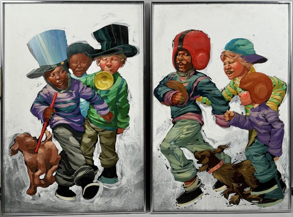 ROBERT GRAHAM CARTER (Kentucky/New York, 1938-), Pair of works depicting children, one group playing: ROBERT GRAHAM CARTERKentucky/New York, 1938-Pair of works depicting children, one group playing football and one group playing marching band. Signed lower right "R. Carter".Oils on masonite, 36" x 24"