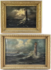 TWO PAINTINGS OF LIGHTHOUSES 19th Century Oils on canvas, 16" x 21" and 18" x 27". Framed 22" x 28"