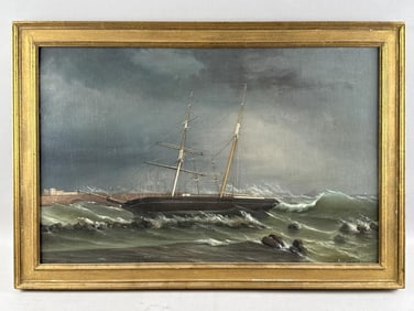 TOMMASO DE SIMONE (Italy, c. 1805-1888), Ship on the rocks., Oil on canvas, 18" x 28". Framed 21.5"