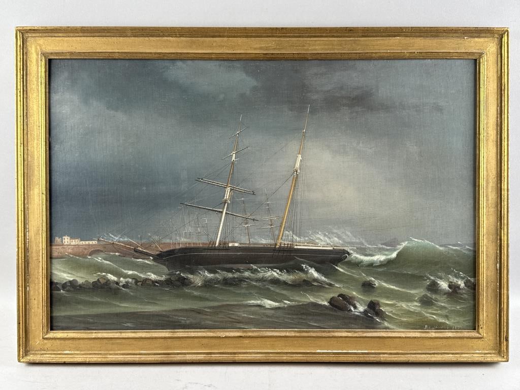 TOMMASO DE SIMONE (Italy, c. 1805-1888), Ship on the rocks., Oil on canvas, 18" x 28". Framed 21.5" (1 of 2)
