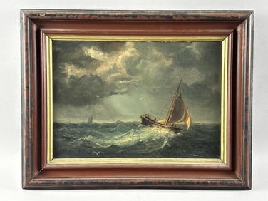 AMERICAN SCHOOL (19th Century,), Sailboats under luminous stormy skies., Oil on canvas, 10" x 14".