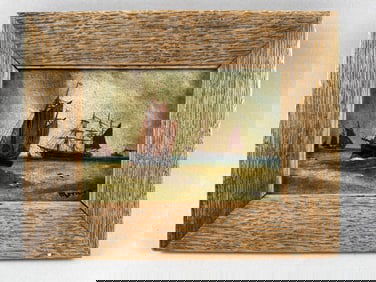 AMERICAN SCHOOL (20th Century,), Ships in a channel., Oil on canvas, 4" x 6". Framed 6.5" x 8.5".