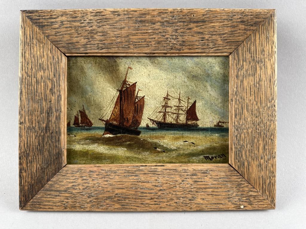 AMERICAN SCHOOL (20th Century,), Ships in a channel., Oil on canvas, 4" x 6". Framed 6.5" x 8.5".: AMERICAN SCHOOL20th CenturyShips in a channel. Signed lower right "Moran".Oil on canvas, 4" x 6". Framed 6.5" x 8.5".