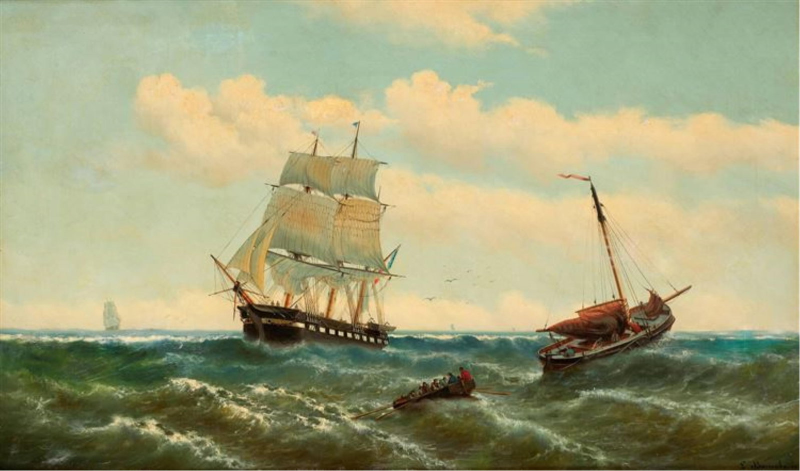 LOUIS BARNABA (Belgium/France, 1826-1892), Ships at sea., Oil on canvas, 21.75" x 36". Unframed.: LOUIS BARNABA Belgium/France, 1826-1892 Ships at sea. Signed lower right "L. Barnaba". Oil on canvas, 21.75" x 36". Unframed.