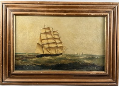 AMERICAN SCHOOL (19th Century,), Ship at sea., Oil on canvas, 22" x 36". Framed 33.5" x 47.5".