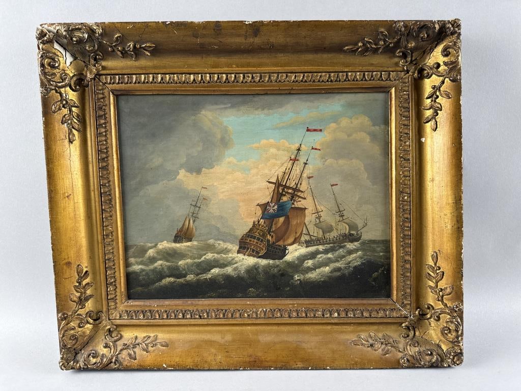 ENGLISH SCHOOL (19th Century,), Naval maneuvers., Oil on board, 10" x 13". Framed 15.5" x 18.5". (1 of 2)