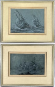 PAIR OF PENCIL DRAWINGS DEPICTING NAVAL SCENES 19th Century or Earlier Mixed medias on blue paper,