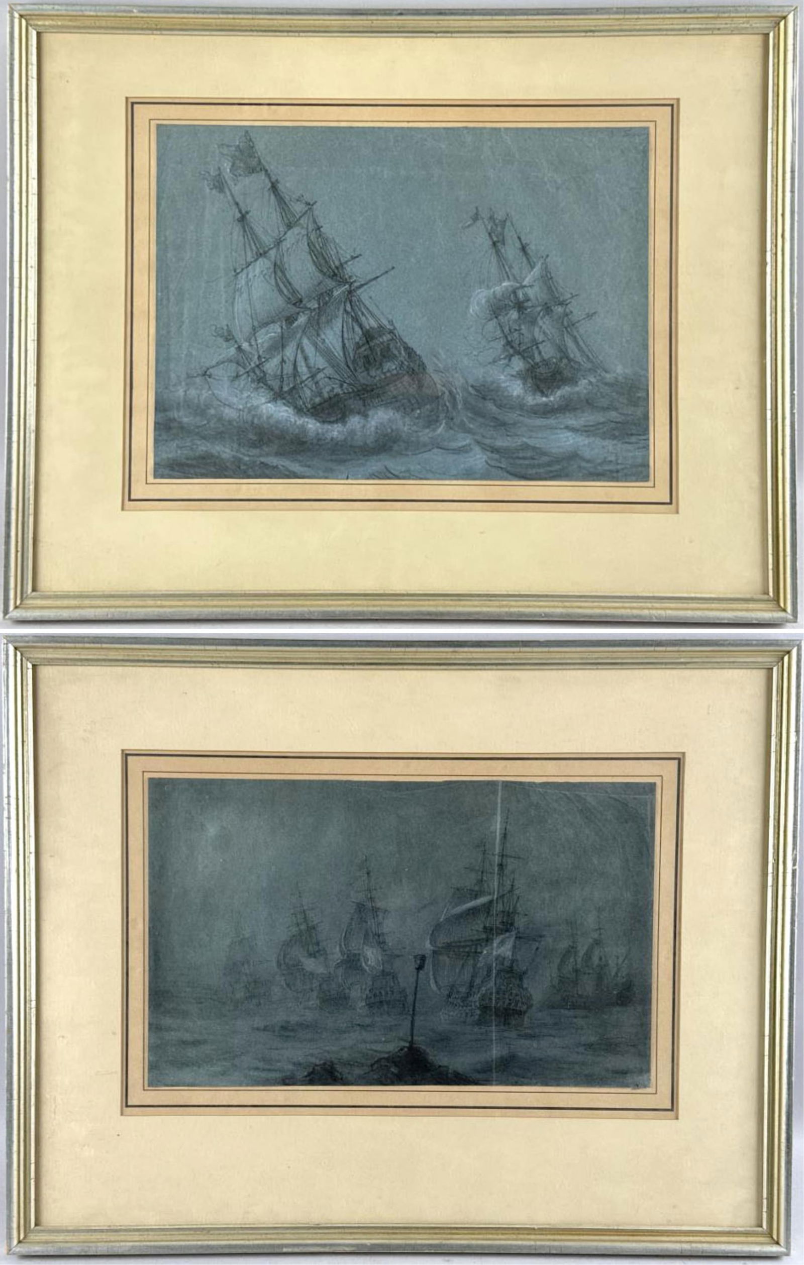 PAIR OF PENCIL DRAWINGS DEPICTING NAVAL SCENES 19th Century or Earlier Mixed medias on blue paper, (1 of 5)