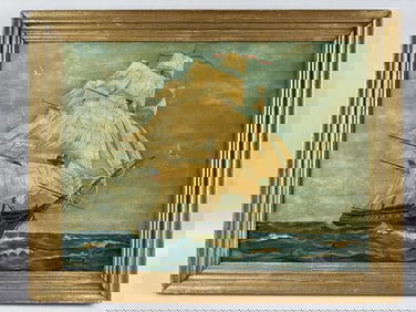 WILLIAM ADAMS (America, 20th Century), Ship at sea., Oil on board, 18" x 24". Framed 21" x 27".