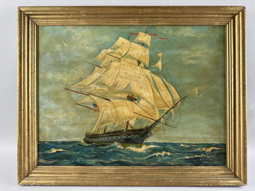 WILLIAM ADAMS (America, 20th Century), Ship at sea., Oil on board, 18" x 24". Framed 21" x 27".: WILLIAM ADAMSAmerica, 20th CenturyShip at sea. Signed and dated lower right "William Adams 55".Oil on board, 18" x 24". Framed 21" x 27".