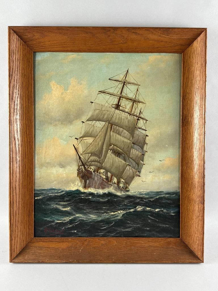 ALFRED GABALI (Massachusetts/Germany, 1886-1963), Ship at sea., Oil on canvas board, 20" x 16". (1 of 2)