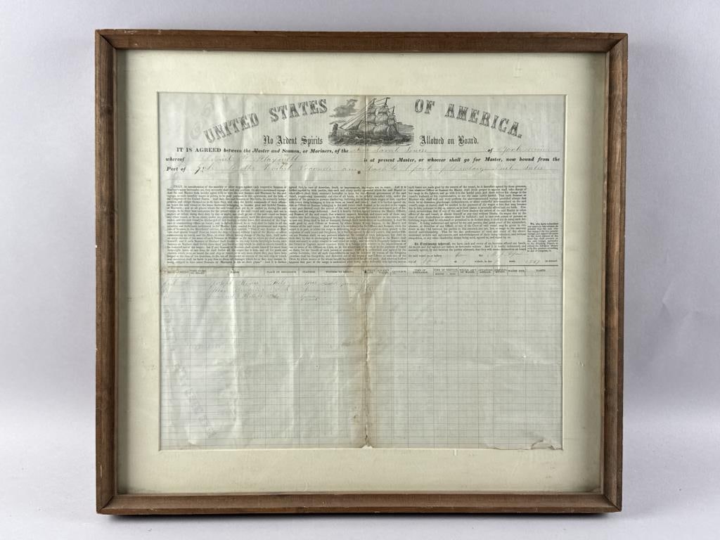 SEAMAN'S CONTRACT 1869 15.75" x 18" sight. Framed 20.5" x 22.5". (1 of 2)