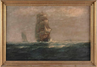 LEMUEL D. ELDRED (Massachusetts, 1848-1921), A ship with a bone in her teeth., Oil on canvas, 18" x