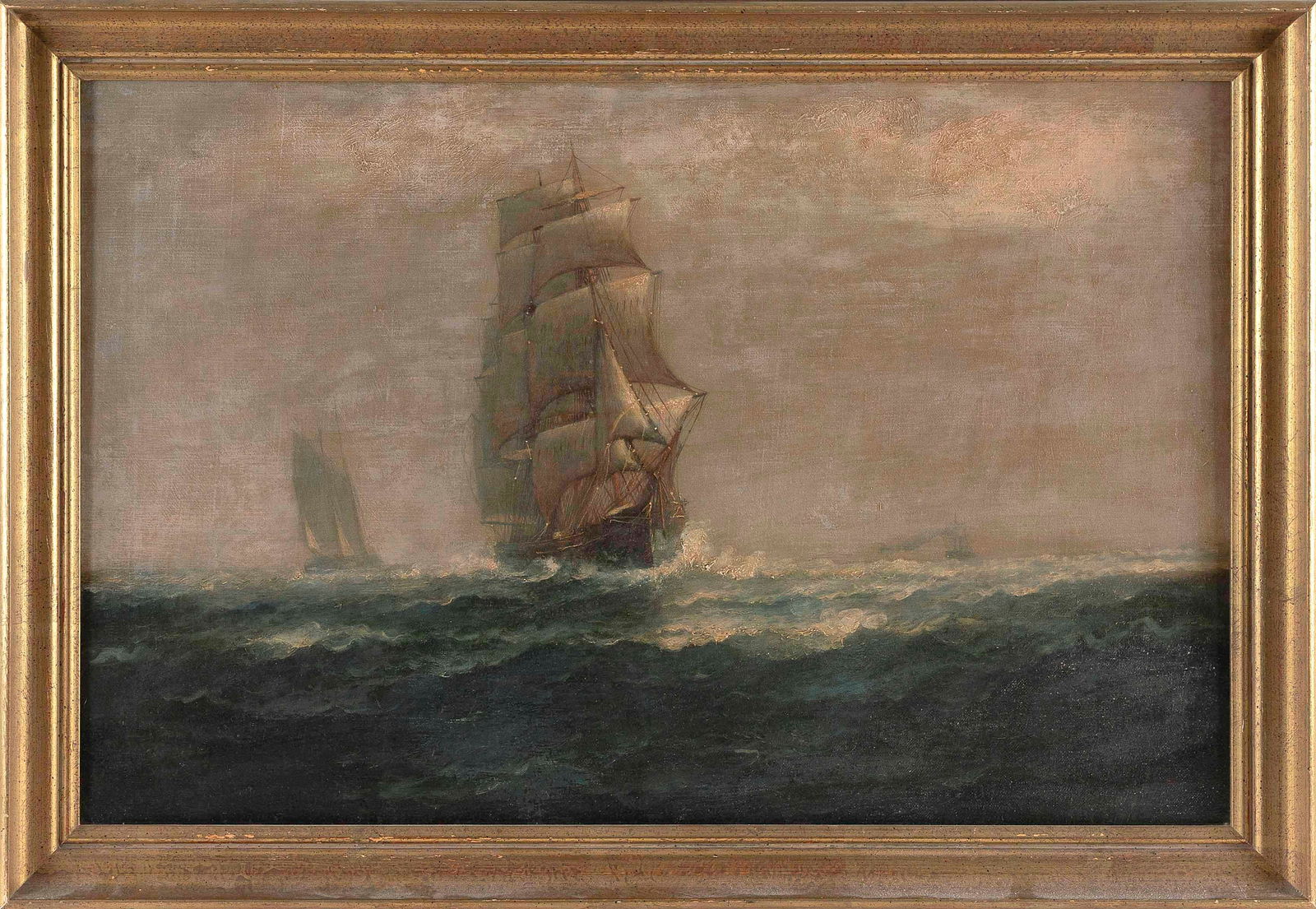 LEMUEL D. ELDRED (Massachusetts, 1848-1921), A ship with a bone in her teeth., Oil on canvas, 18" x: LEMUEL D. ELDREDMassachusetts, 1848-1921A ship with a bone in her teeth. Signed faintly lower right.Oil on canvas, 18" x 28". Framed 21" x 31".