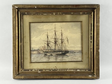 CONTINENTAL SCHOOL (19th Century,), Three-masted ship near the coast., Watercolor and gouache on