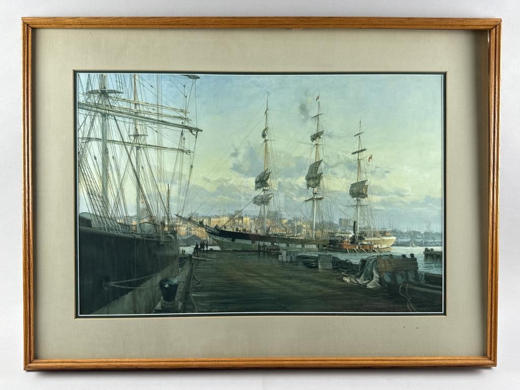 CHRISTOPHER BLOSSOM (Connecticut, 1956-), Ships in port., Lithograph on paper, 18" x 28" sight. (1 of 2)