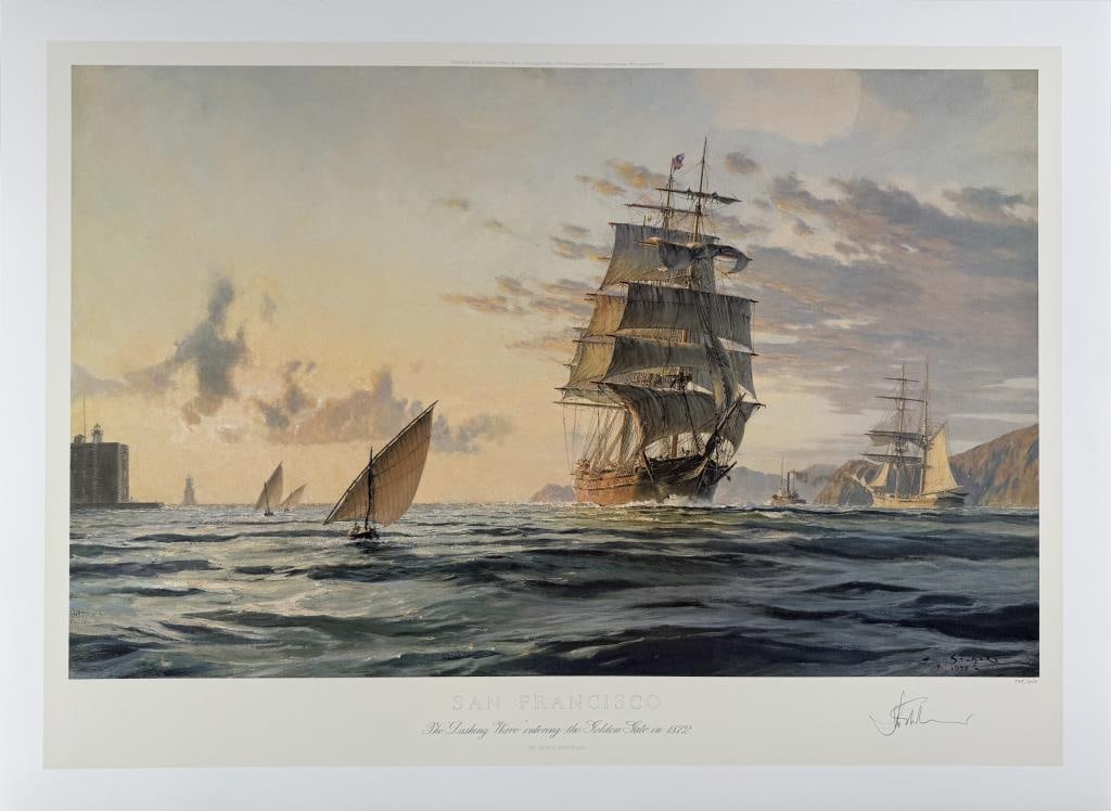 JOHN STOBART (Massachusetts/Florida/England, 1929-2023), Two copies of "The Dashing Wave Entering: JOHN STOBARTMassachusetts/Florida/England, 1929-2023Two copies of "The Dashing Wave Entering the Golden Gate in 1872". Both signed and numbered.Lithographs, 26" x 34". Unframed.