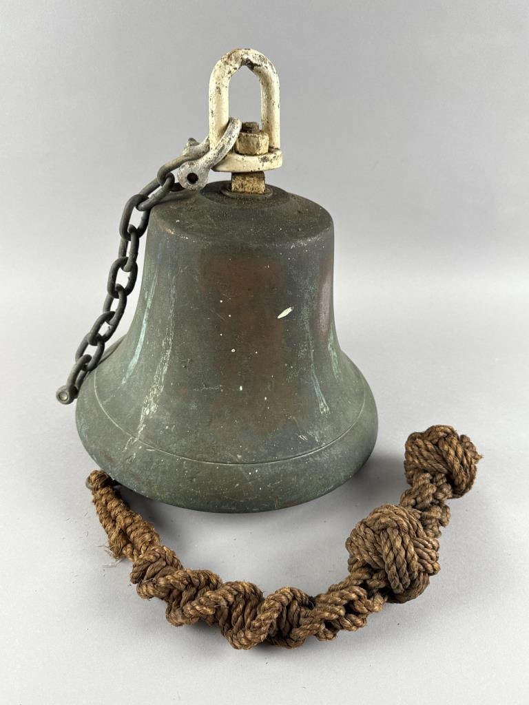 BRONZE SHIP'S BELL Early 20th Century Height 14".: BRONZE SHIP'S BELLEarly 20th CenturySailor-made ropework knot attached to the clapper.Height 14".