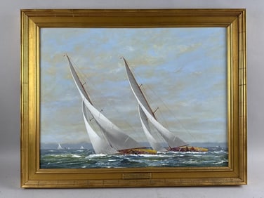 ATTRIBUTED TO VERNON GEORGE BROE (Maine/Illinois, 1930-2011), Yacht racing., Oil on board, 18" x