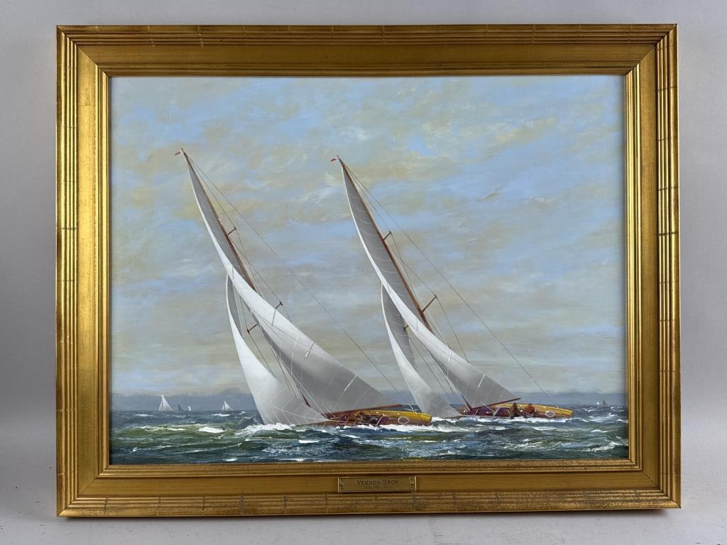 ATTRIBUTED TO VERNON GEORGE BROE (Maine/Illinois, 1930-2011), Yacht racing., Oil on board, 18" x (1 of 2)