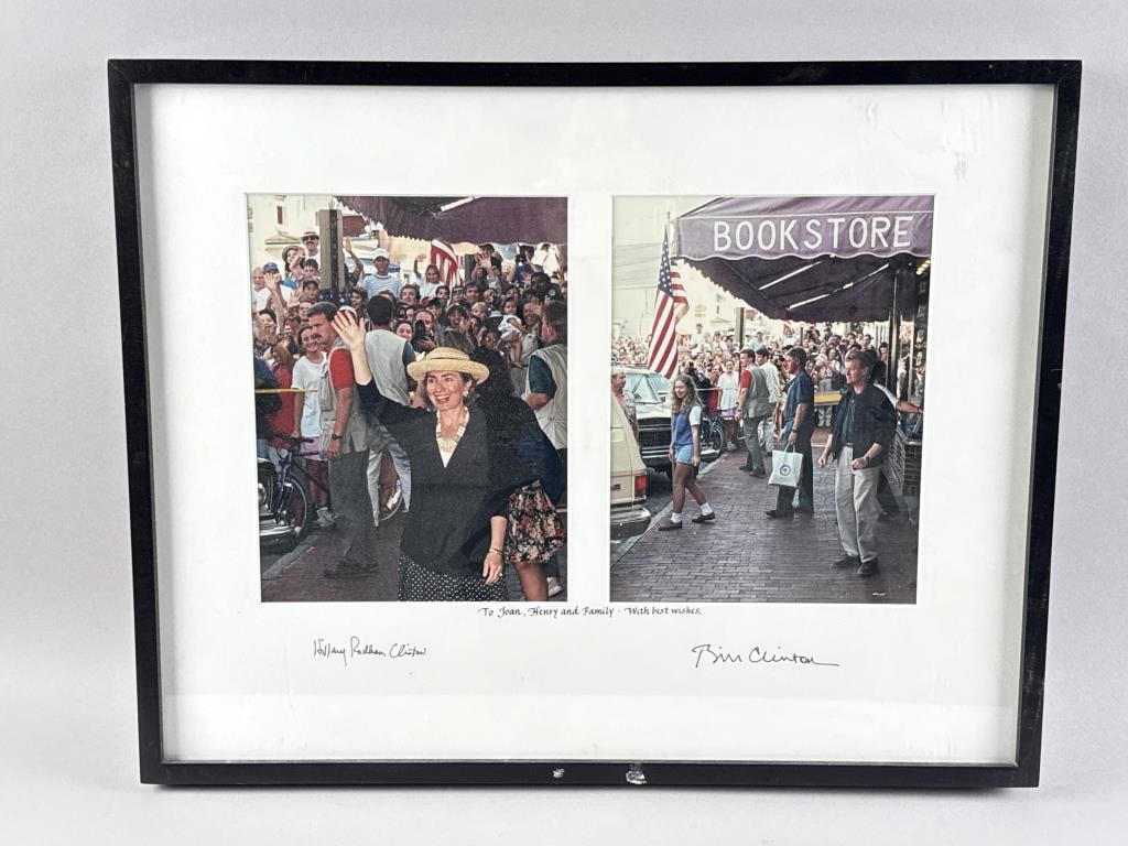 AUTOGRAPHED PHOTOS OF HILLARY AND BILL CLINTON ON MARTHA'S VINEYARD Framed 16.75" x 21.25". (1 of 2)