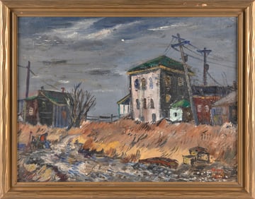 AMERICAN SCHOOL (20th Century,), Houses in a coastal landscape., Oil on canvas board, 20" x 26".