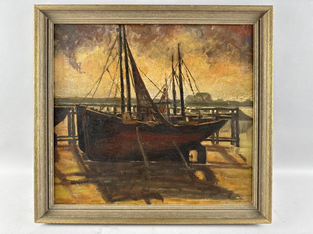 AMERICAN SCHOOL (20th Century,), Boat in dry dock., Oil on board, 18.75" x 20.75". Framed 21.5" x: AMERICAN SCHOOL20th CenturyBoat in dry dock. Unsigned.Oil on board, 18.75" x 20.75". Framed 21.5" x 23.5".