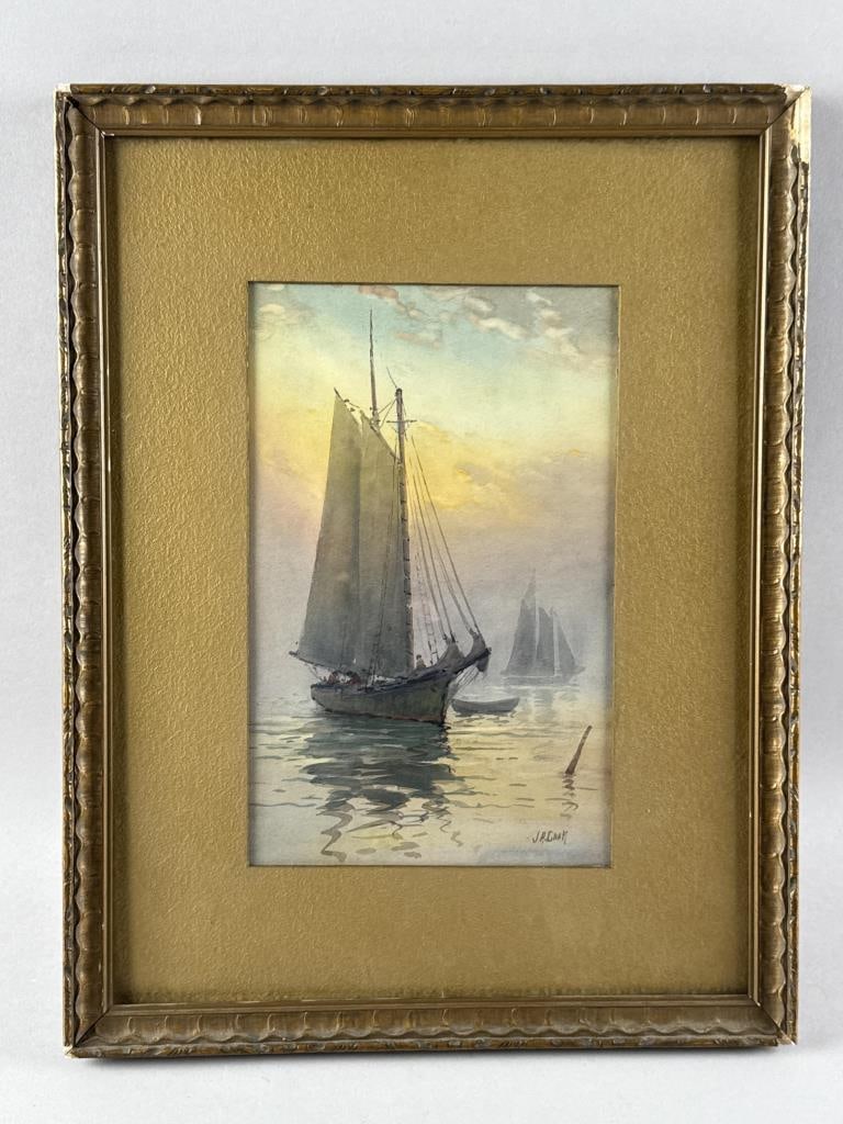 JOHN ALFRED COOK (Massachusetts, 1870-1936), Sunset sail., Watercolor, 10.5" x 6.5" sight. Framed (1 of 2)