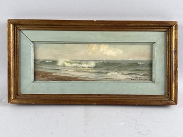 WARREN W. SHEPPARD (New Jersey, 1858-1937), Waves crashing., Oil on board, 3" x 10". Framed 6.5" x