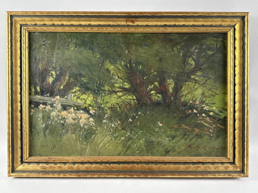 EDWARD A. PAGE (Massachusetts, 1850-1928), Forest interior., Oil on canvas, 14" x 22". Framed 17.5" (1 of 2)