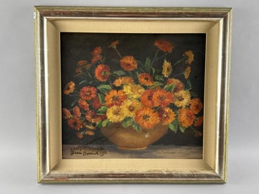 FRAN BEREND (20th Century,), Still life of nasturtiums in a bowl., Oil on panel, 15.5" x 17.25".