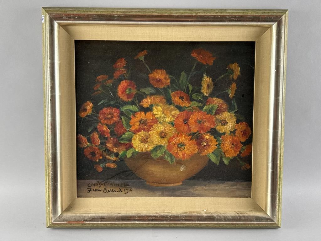 FRAN BEREND (20th Century,), Still life of nasturtiums in a bowl., Oil on panel, 15.5" x 17.25".: FRAN BEREND20th CenturyStill life of nasturtiums in a bowl. Inscribed, signed and dated lower left "Lovis Corinth Fran Berend 1916". Possibly a copy of a work by Corinth.Oil on panel, 15.5" x 17.25".