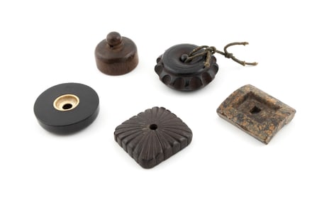 FIVE CARVED WOOD AND STONE NETSUKE 19th/20th Century Lengths from 1.25" to 2".